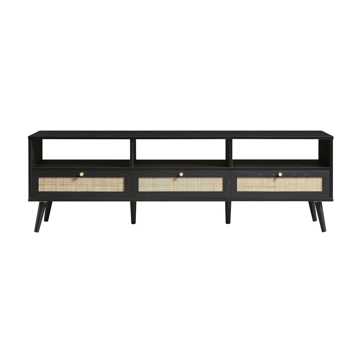 Meuble TV Frances en rotin tressé noir, 63 po, 3 tiroirs
