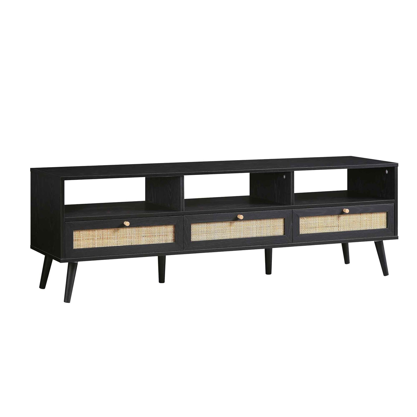 Meuble TV Frances en rotin tressé noir, 63 po, 3 tiroirs