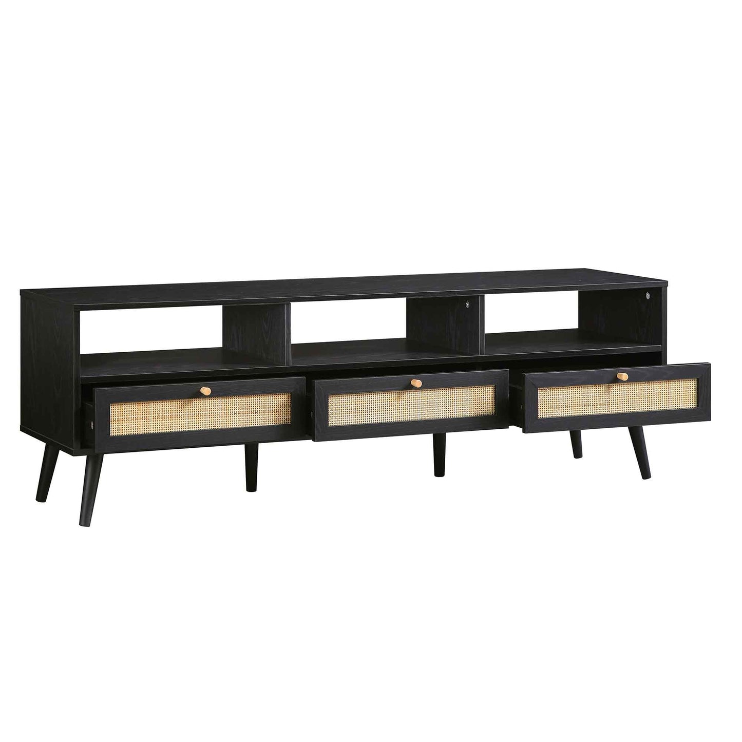 Meuble TV Frances en rotin tressé noir, 63 po, 3 tiroirs