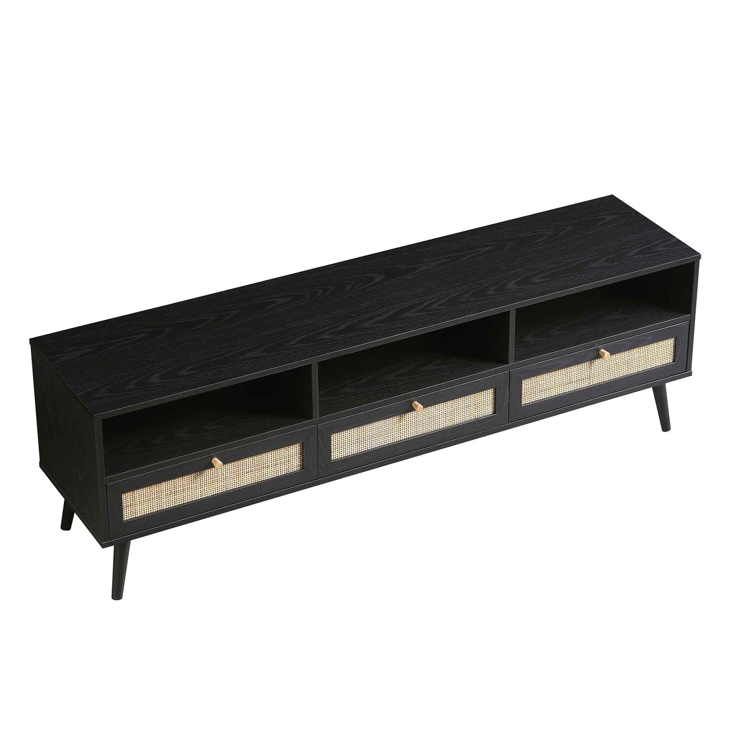 Meuble TV Frances en rotin tressé noir, 63 po, 3 tiroirs