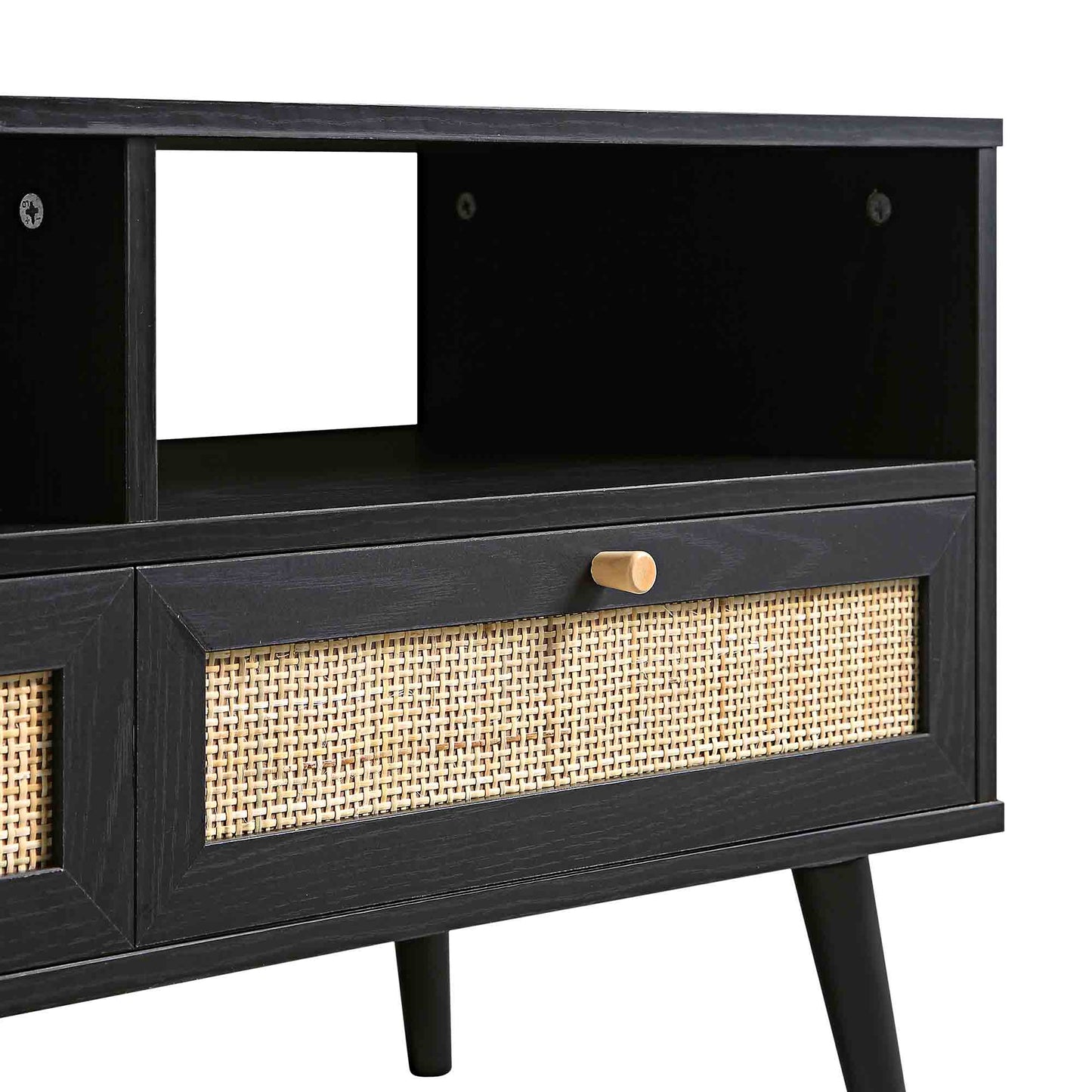 Meuble TV Frances en rotin tressé noir, 63 po, 3 tiroirs