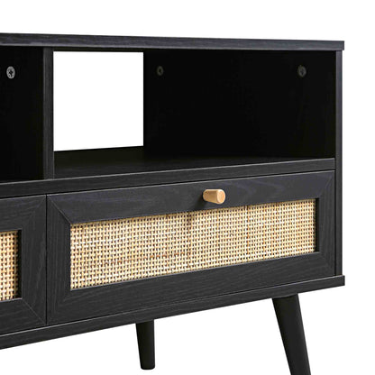 Meuble TV Frances en rotin tressé noir, 63 po, 3 tiroirs