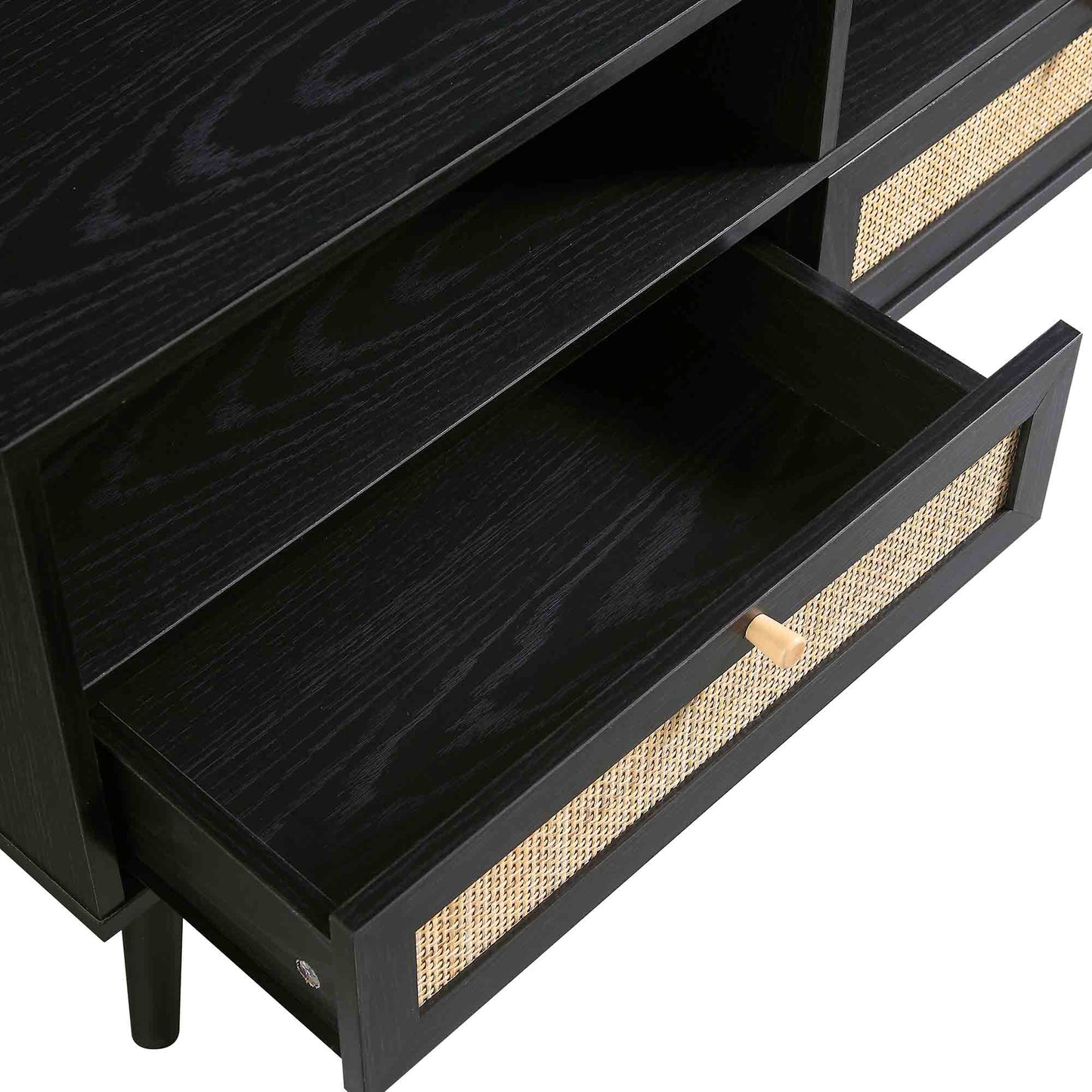 Meuble TV Frances en rotin tressé noir, 63 po, 3 tiroirs