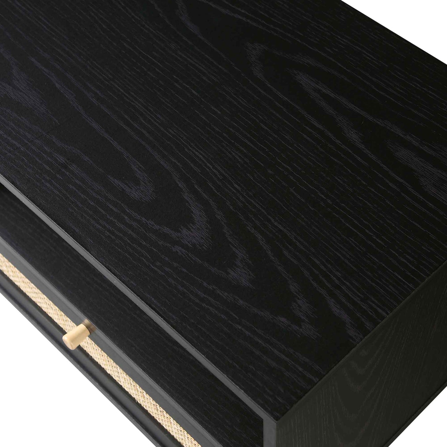 Meuble TV Frances en rotin tressé noir, 63 po, 3 tiroirs