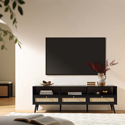 Meuble TV Frances en rotin tressé noir, 63 po, 3 tiroirs