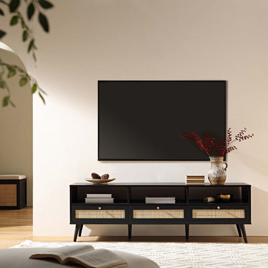 Meuble TV Frances en rotin tressé noir, 63 po, 3 tiroirs