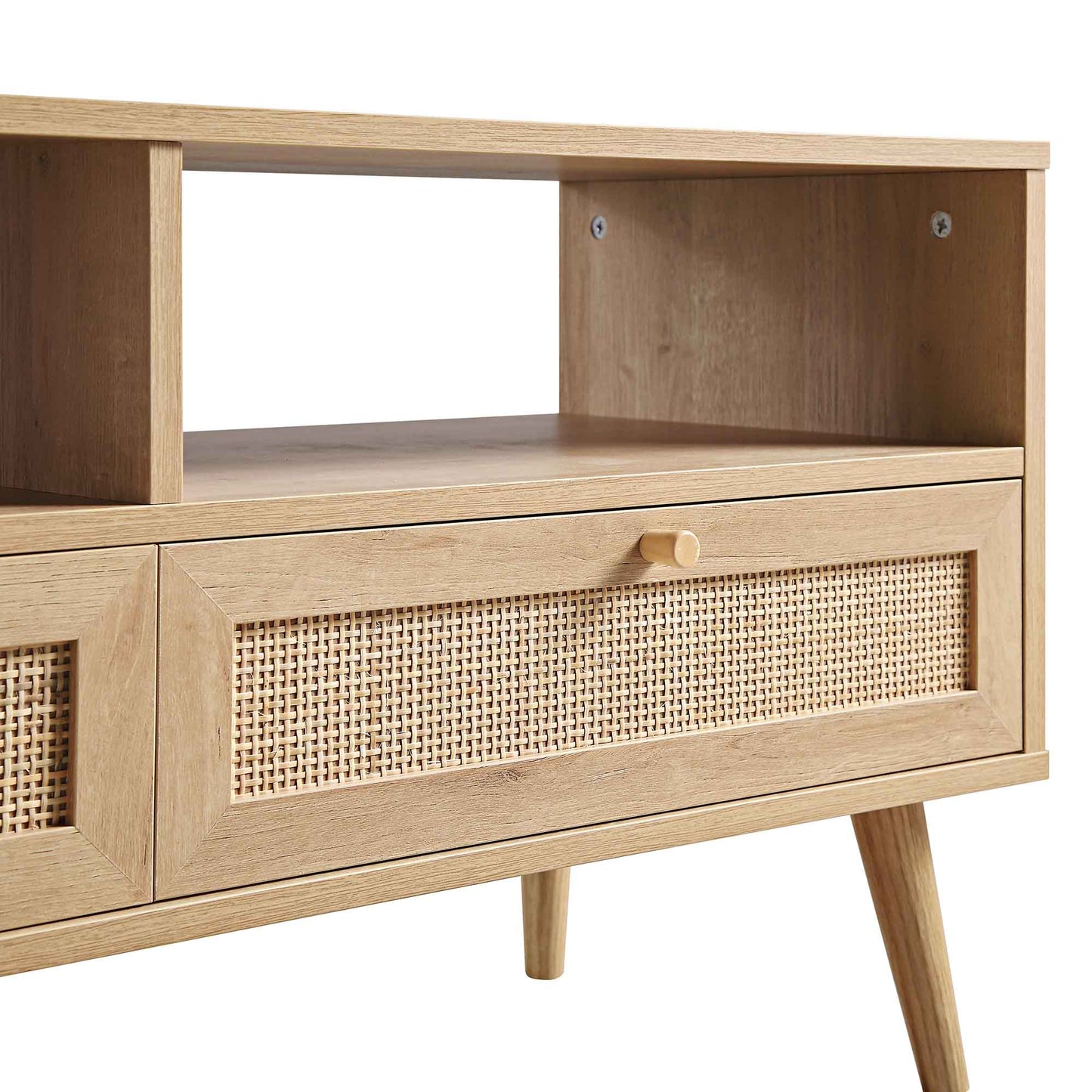 Meuble TV Frances en rotin tressé de 63 po à 3 tiroirs, naturel
