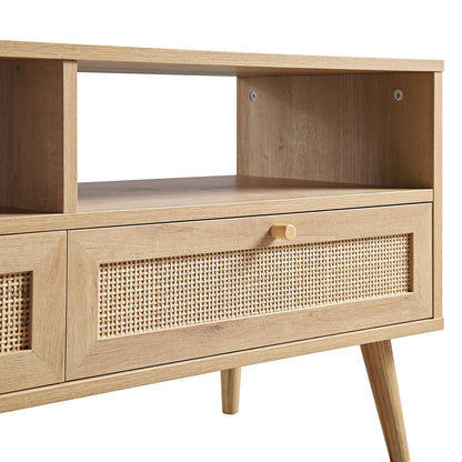 Meuble TV Frances en rotin tressé de 63 po à 3 tiroirs, naturel