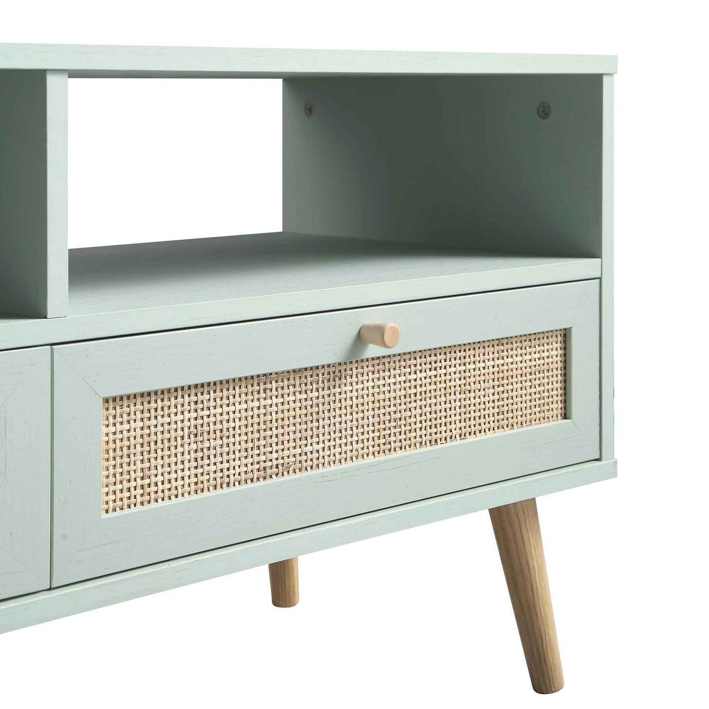 Meuble TV Frances en rotin tressé de 63 po à 3 tiroirs, menthe