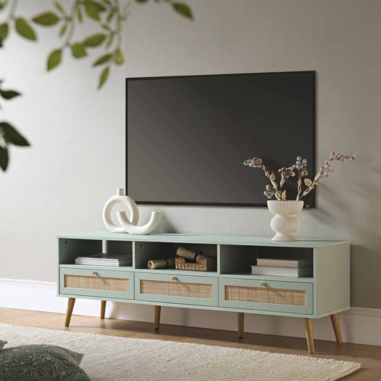 Meuble TV Frances en rotin tressé de 63 po à 3 tiroirs, menthe