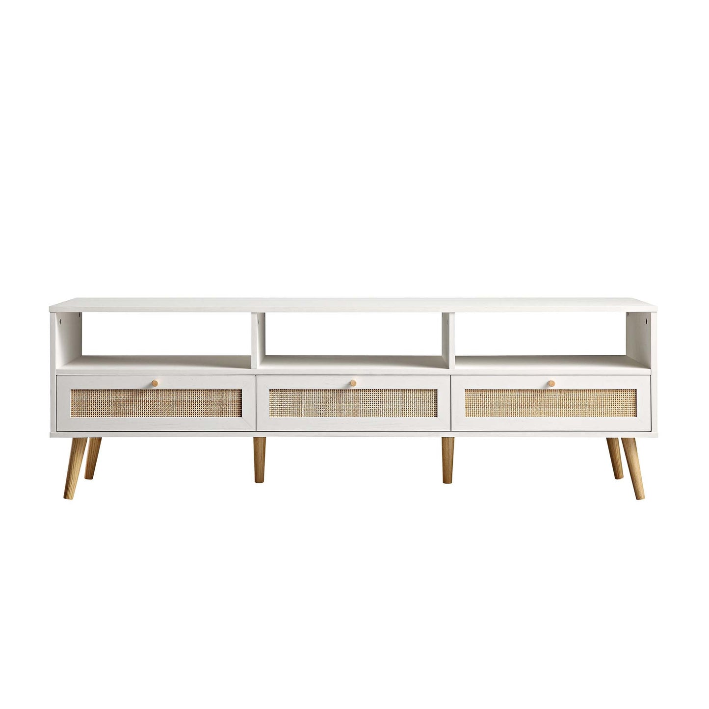 Meuble TV Frances en rotin tressé blanc, 63 po, 3 tiroirs