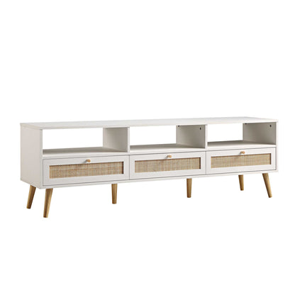Meuble TV Frances en rotin tressé blanc, 63 po, 3 tiroirs