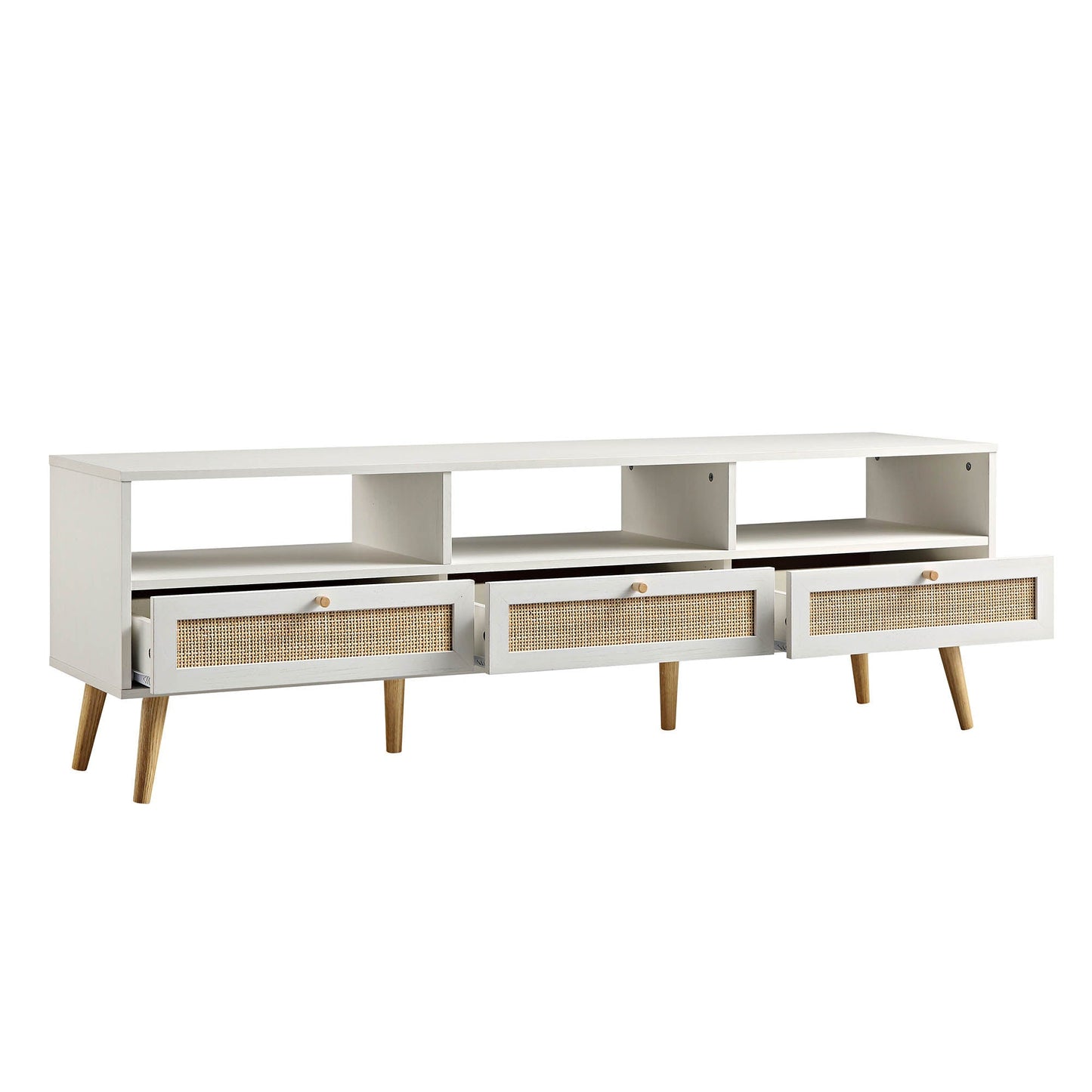 Meuble TV Frances en rotin tressé blanc, 63 po, 3 tiroirs