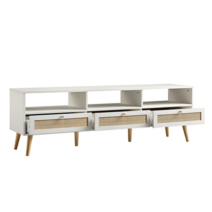 Meuble TV Frances en rotin tressé blanc, 63 po, 3 tiroirs