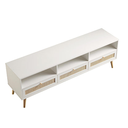 Meuble TV Frances en rotin tressé blanc, 63 po, 3 tiroirs