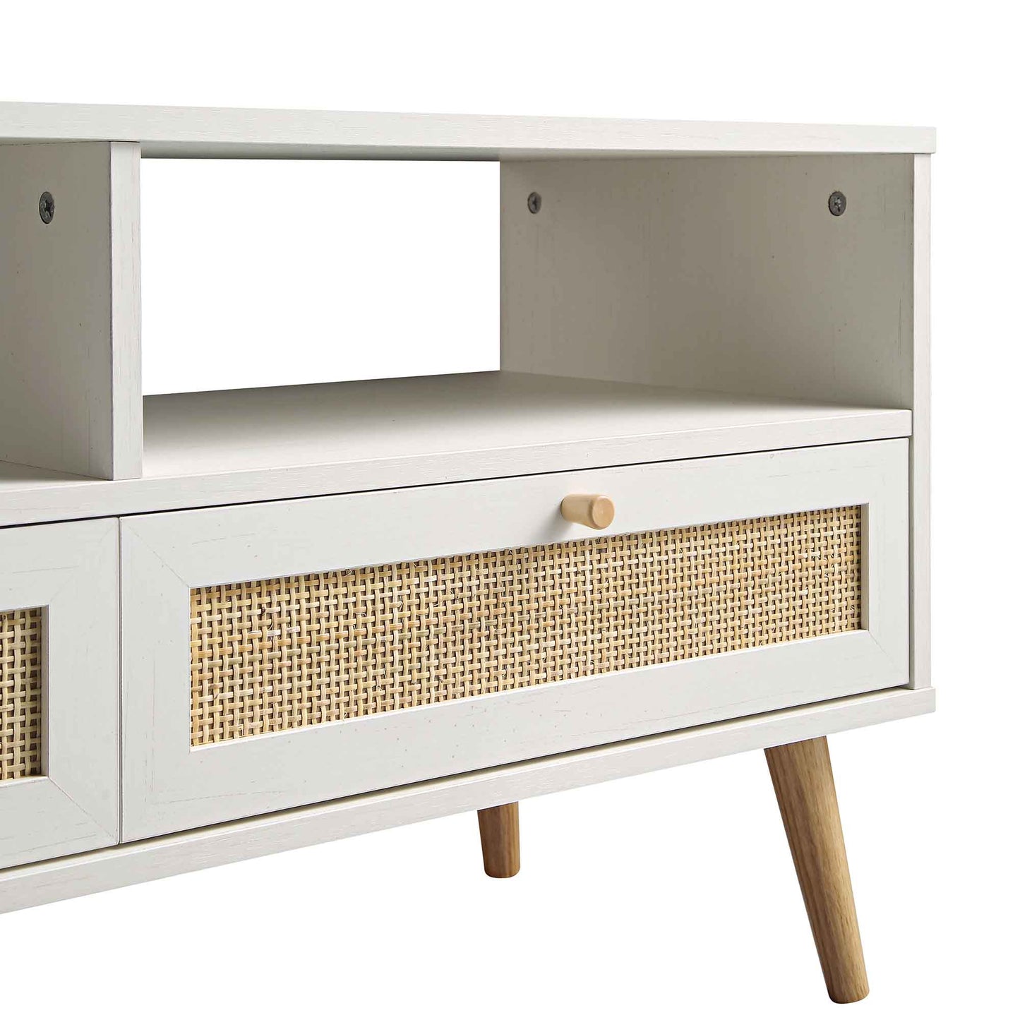 Meuble TV Frances en rotin tressé blanc, 63 po, 3 tiroirs