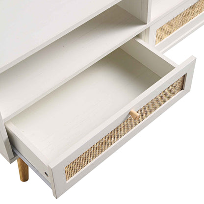 Meuble TV Frances en rotin tressé blanc, 63 po, 3 tiroirs
