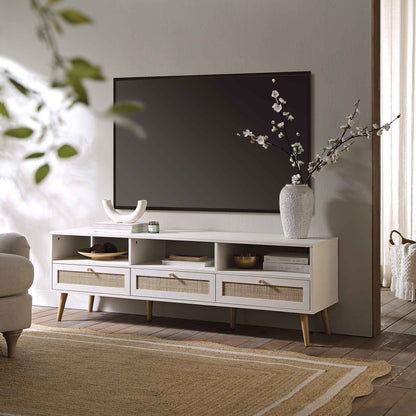 Meuble TV Frances en rotin tressé blanc, 63 po, 3 tiroirs