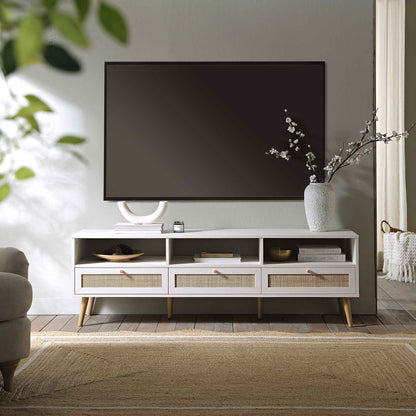 Meuble TV Frances en rotin tressé blanc, 63 po, 3 tiroirs