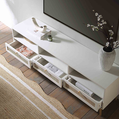 Meuble TV Frances en rotin tressé blanc, 63 po, 3 tiroirs