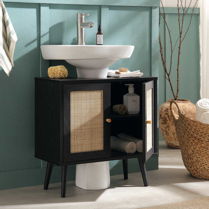 Meuble sous-évier de salle de bain 2 portes en rotin tressé Frances, noir