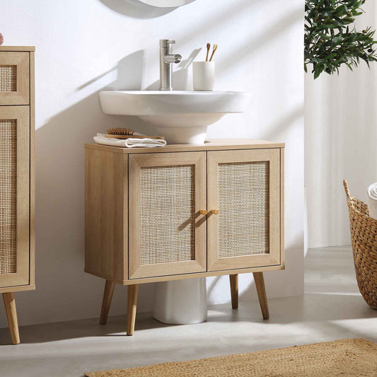 Meuble sous-évier de salle de bain 2 portes en rotin tressé Frances, naturel