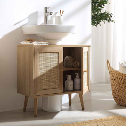 Meuble sous-évier de salle de bain 2 portes en rotin tressé Frances, naturel