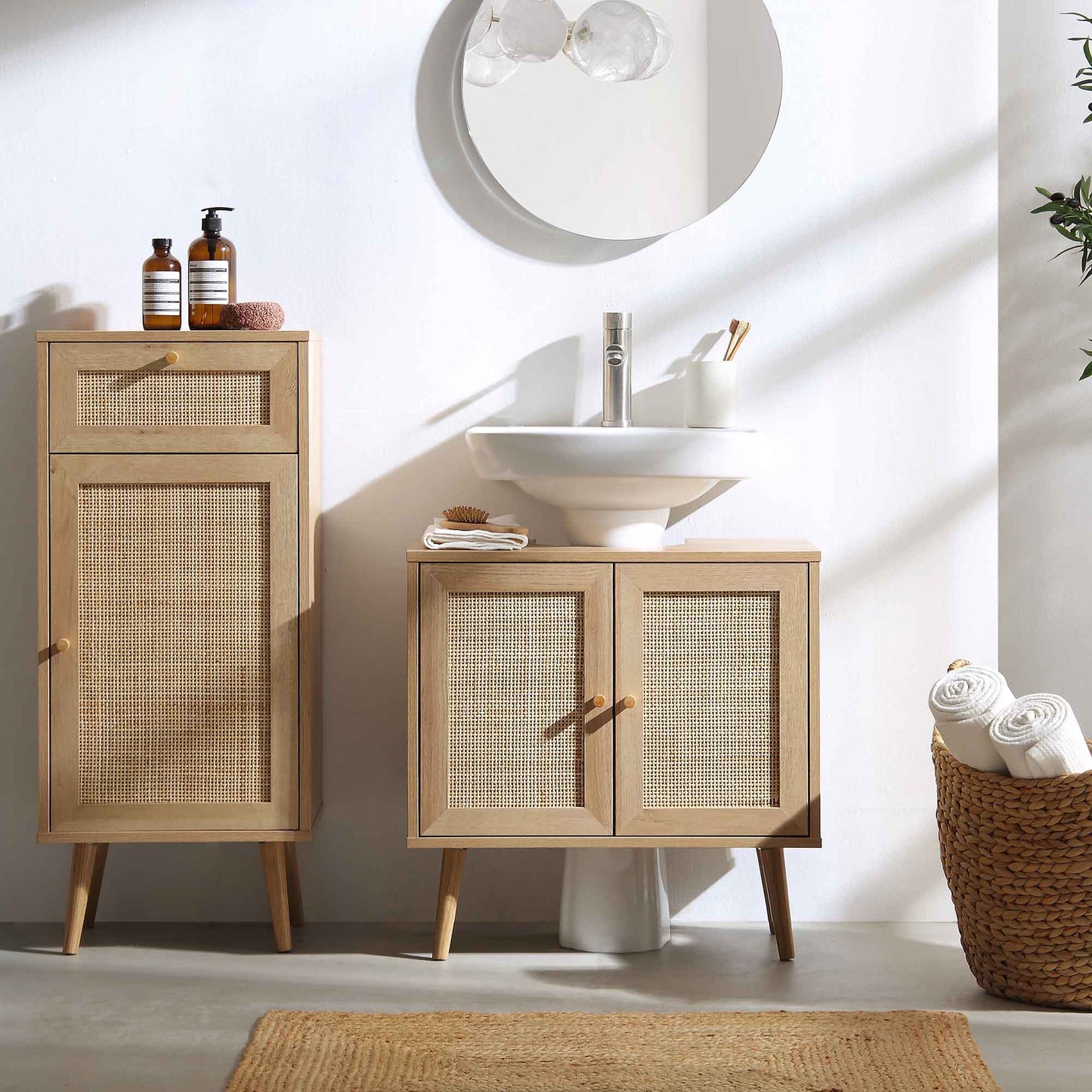 Meuble sous-évier de salle de bain 2 portes en rotin tressé Frances, naturel