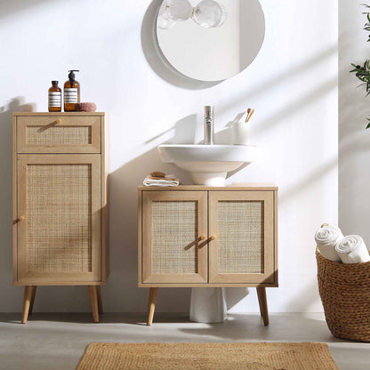 Meuble sous-évier de salle de bain 2 portes en rotin tressé Frances, naturel