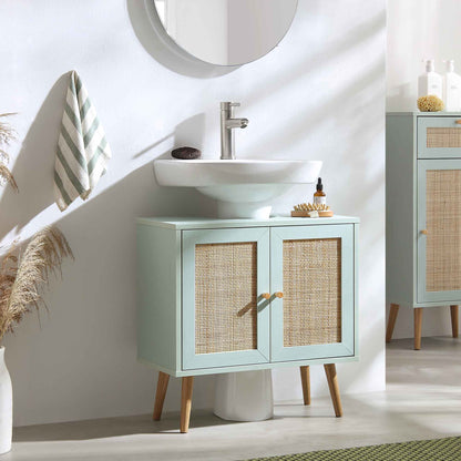 Meuble sous-évier de salle de bain 2 portes en rotin tressé Frances, vert menthe