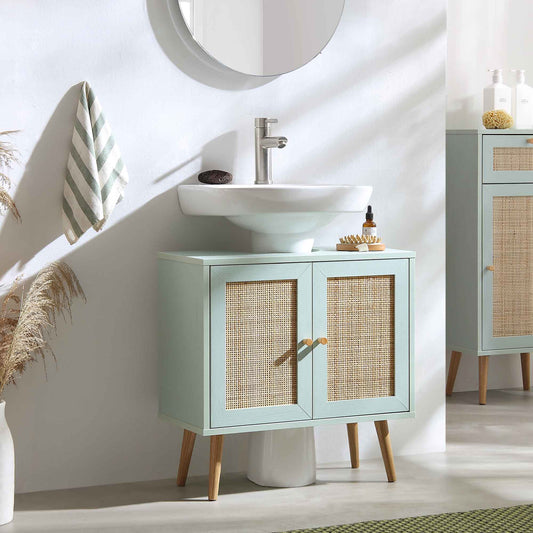 Meuble sous-évier de salle de bain 2 portes en rotin tressé Frances, vert menthe