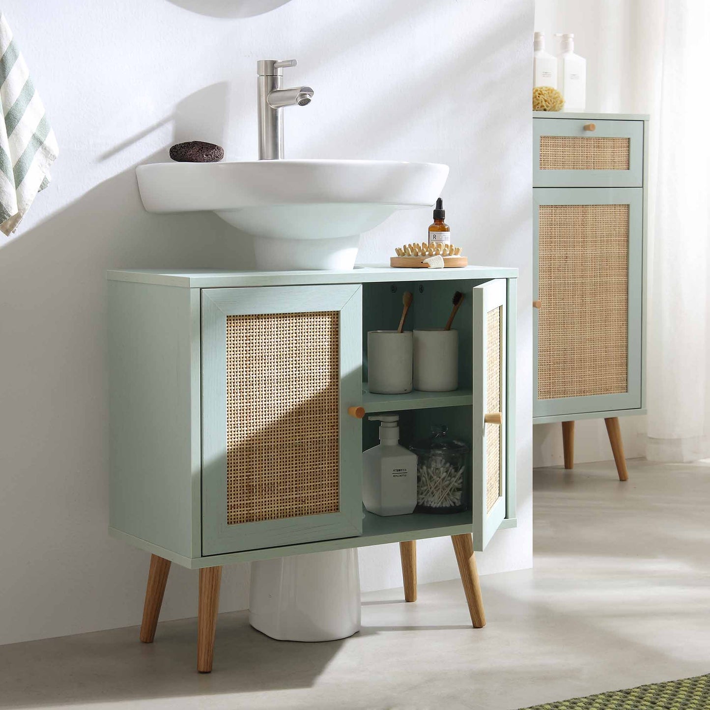 Meuble sous-évier de salle de bain 2 portes en rotin tressé Frances, vert menthe