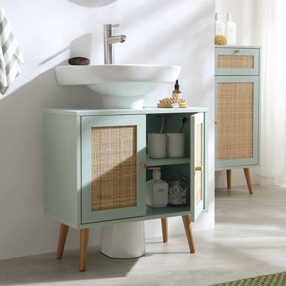 Meuble sous-évier de salle de bain 2 portes en rotin tressé Frances, vert menthe