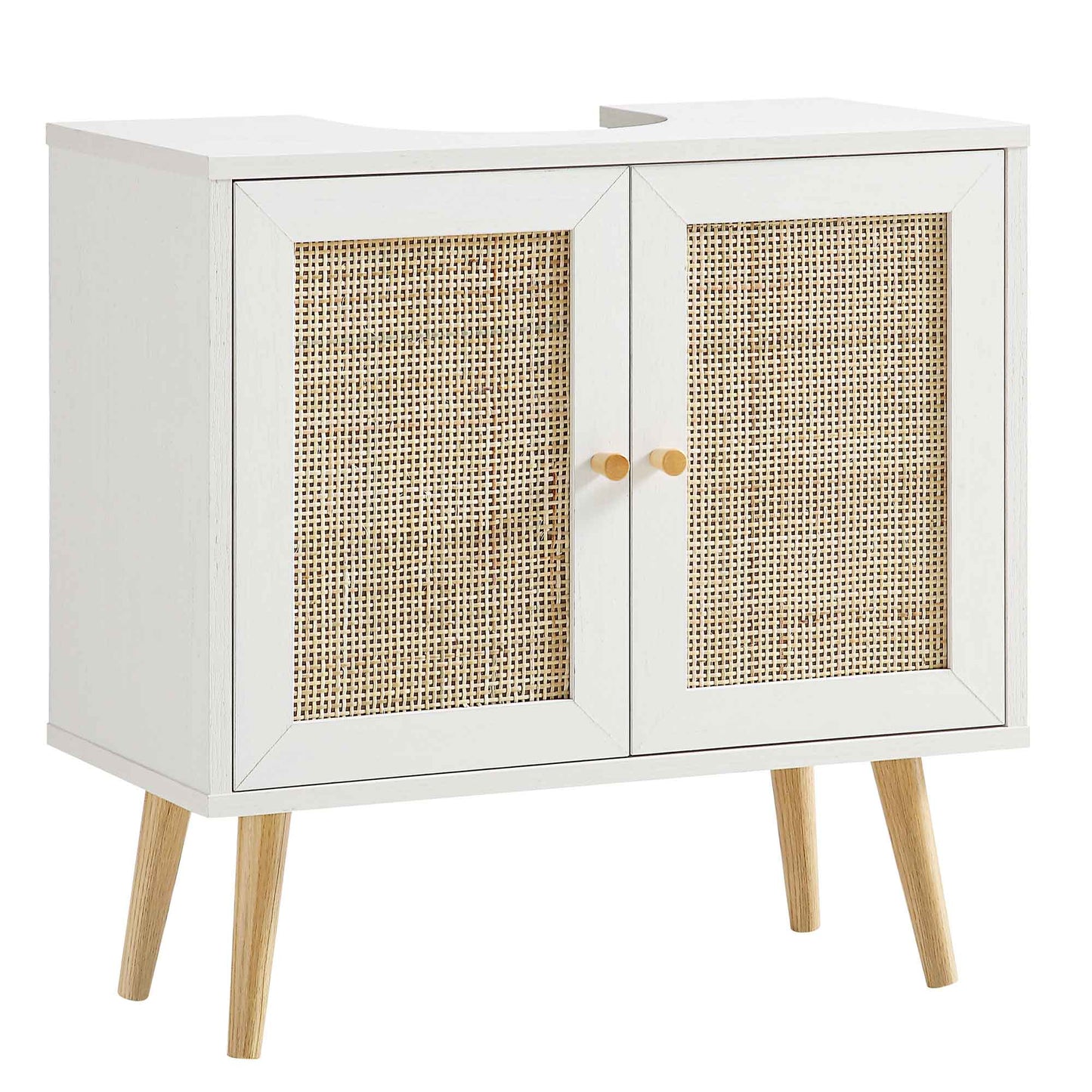 Meuble sous-lavabo de salle de bain 2 portes en rotin tressé Frances, blanc