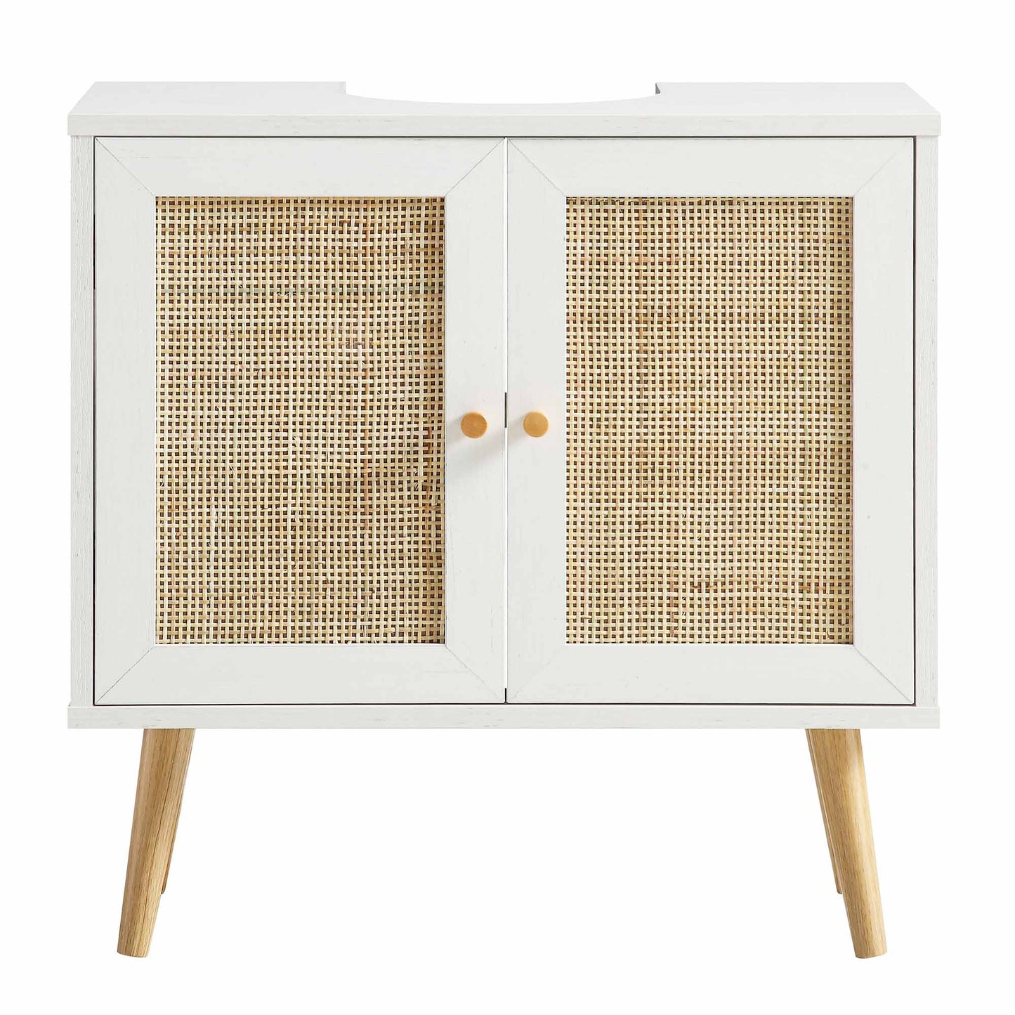 Meuble sous-lavabo de salle de bain 2 portes en rotin tressé Frances, blanc