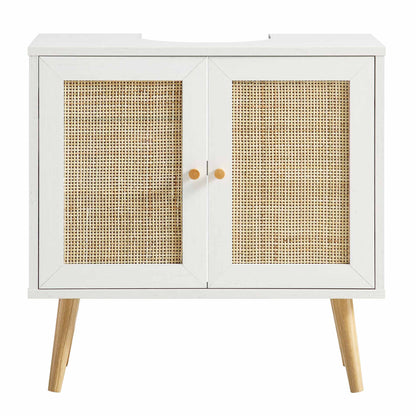 Meuble sous-lavabo de salle de bain 2 portes en rotin tressé Frances, blanc