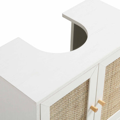 Meuble sous-lavabo de salle de bain 2 portes en rotin tressé Frances, blanc