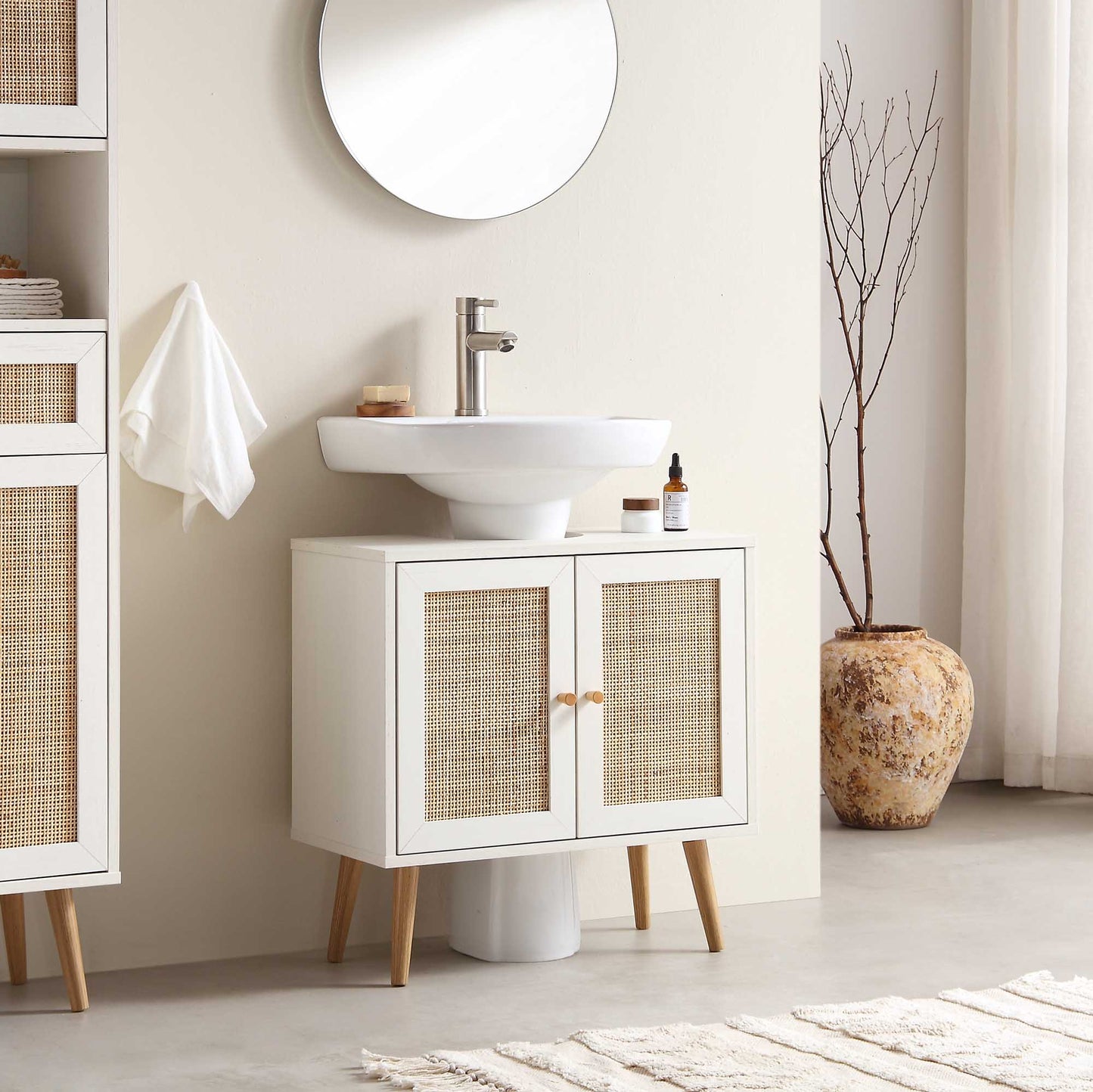 Meuble sous-lavabo de salle de bain 2 portes en rotin tressé Frances, blanc