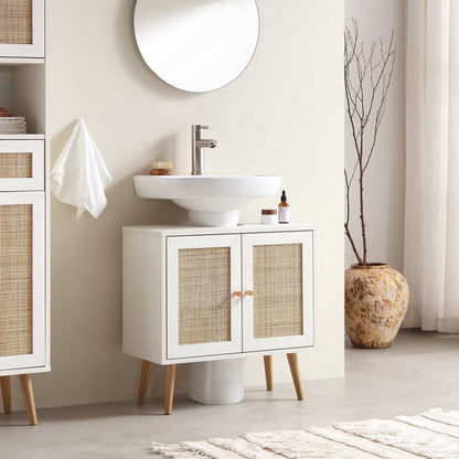 Meuble sous-lavabo de salle de bain 2 portes en rotin tressé Frances, blanc