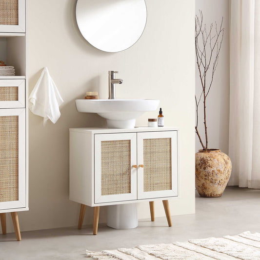 Meuble sous-lavabo de salle de bain 2 portes en rotin tressé Frances, blanc