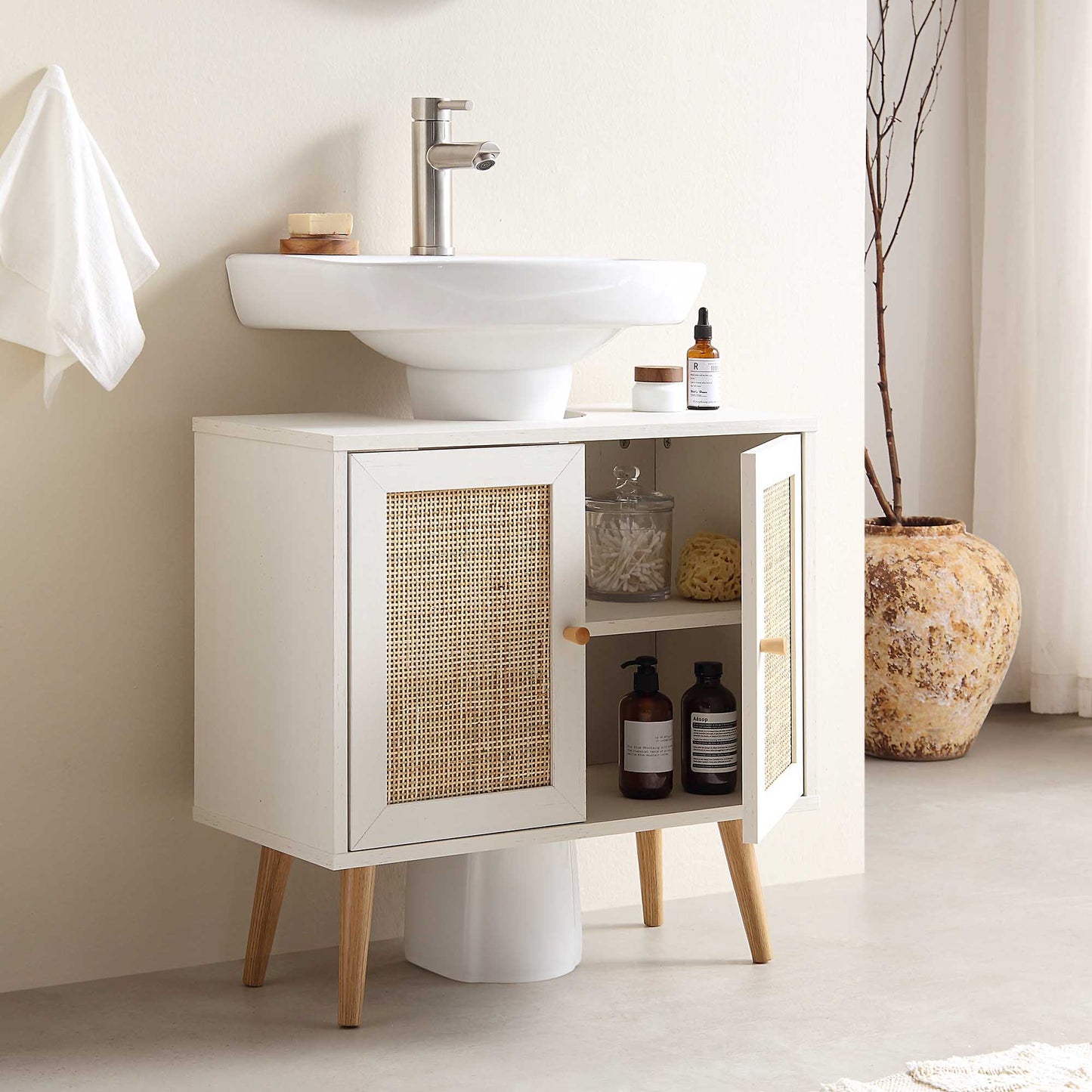 Meuble sous-lavabo de salle de bain 2 portes en rotin tressé Frances, blanc