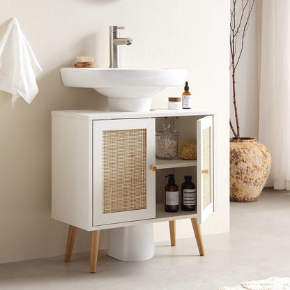 Meuble sous-lavabo de salle de bain 2 portes en rotin tressé Frances, blanc