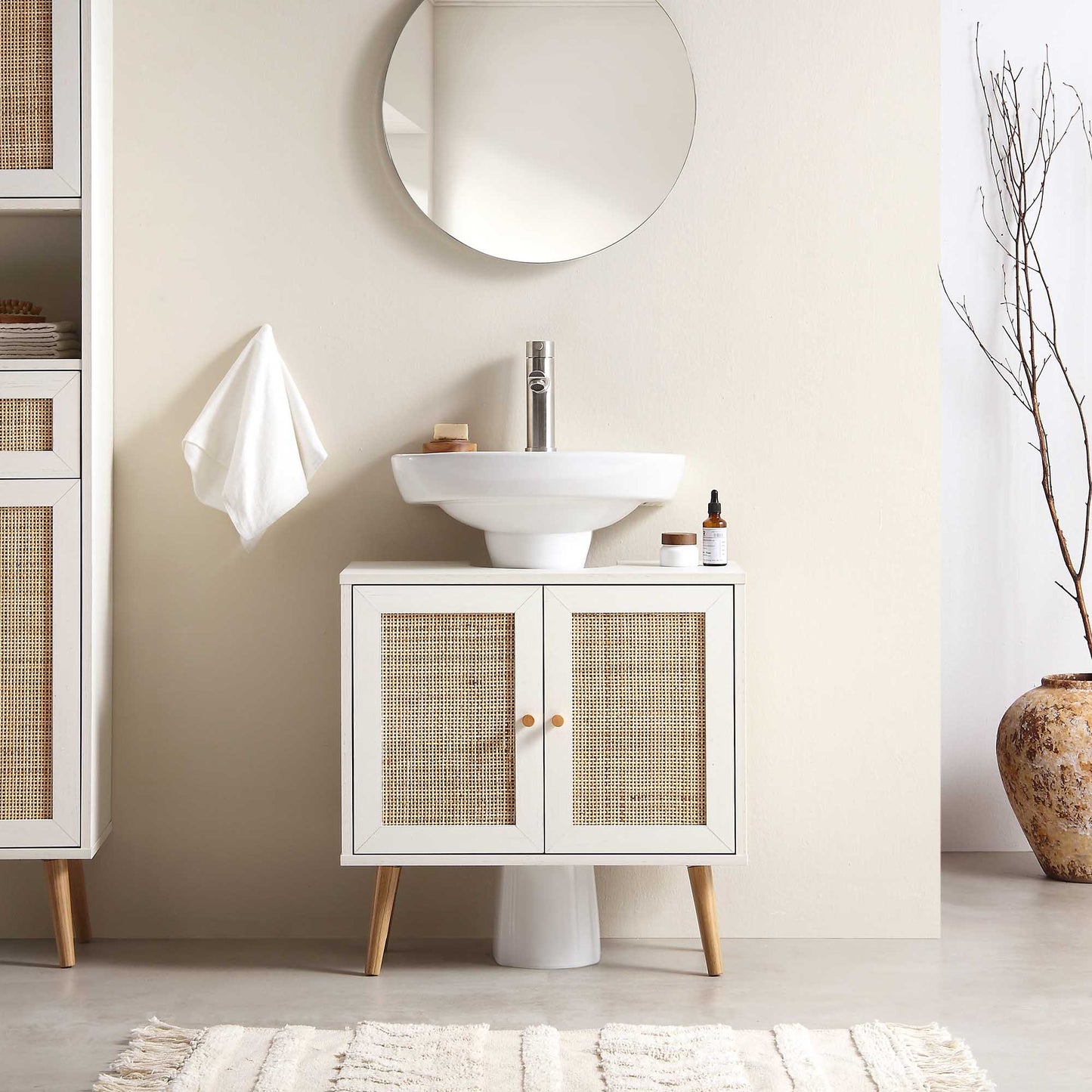 Meuble sous-lavabo de salle de bain 2 portes en rotin tressé Frances, blanc