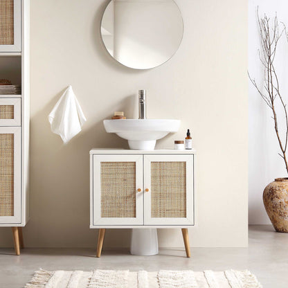 Meuble sous-lavabo de salle de bain 2 portes en rotin tressé Frances, blanc