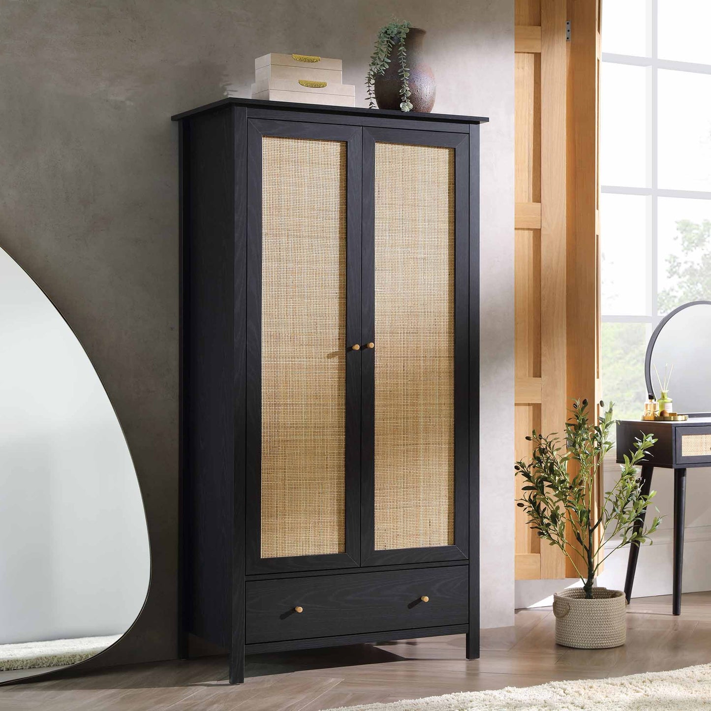 Armoire double en rotin Frances avec 1 tiroir, noir