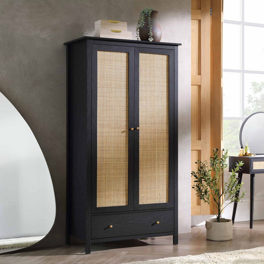 Armoire double en rotin Frances avec 1 tiroir, noir