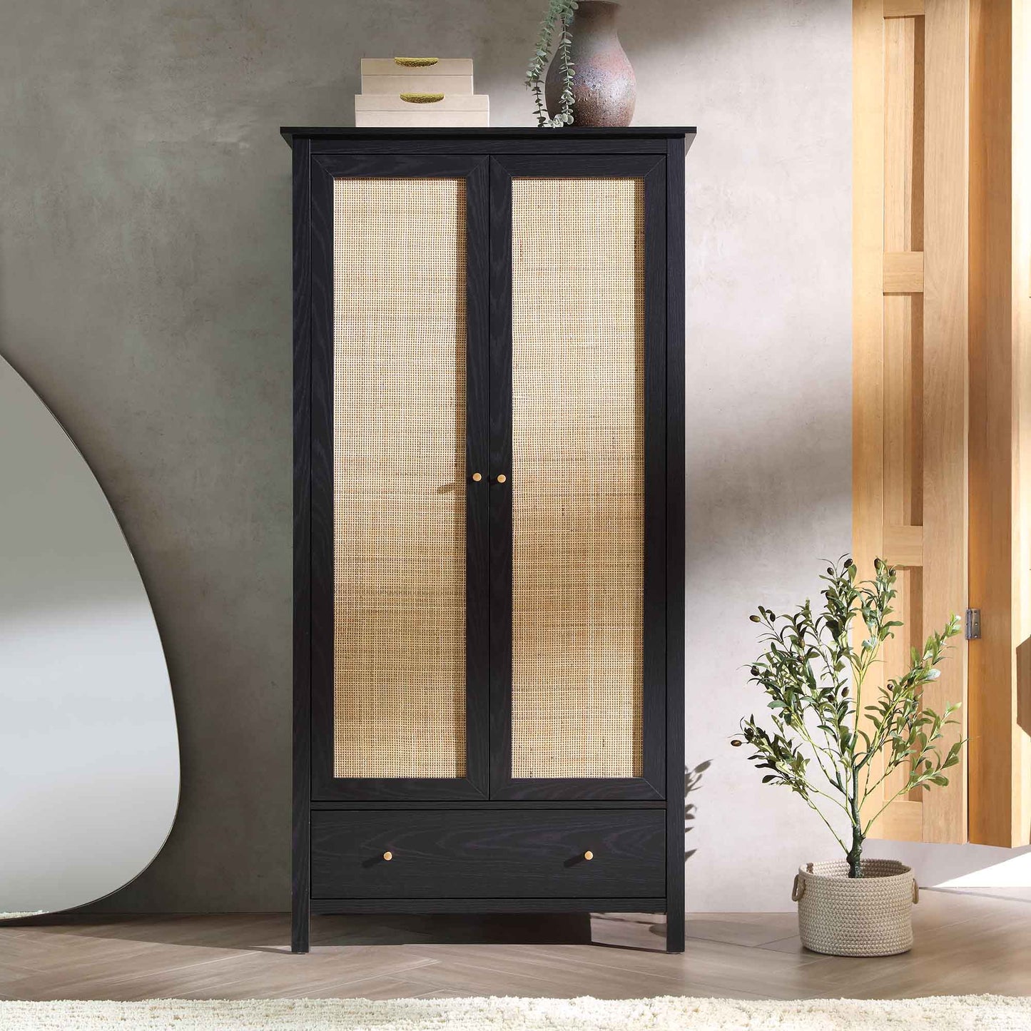 Armoire double en rotin Frances avec 1 tiroir, noir