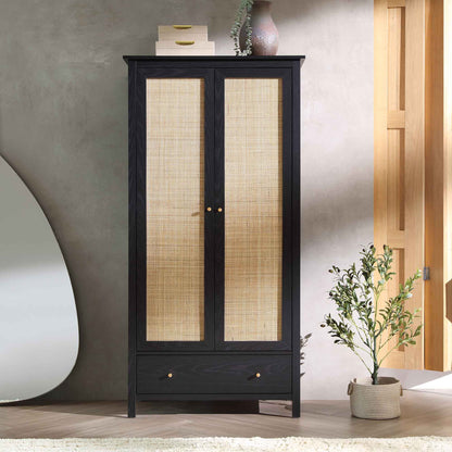 Armoire double en rotin Frances avec 1 tiroir, noir