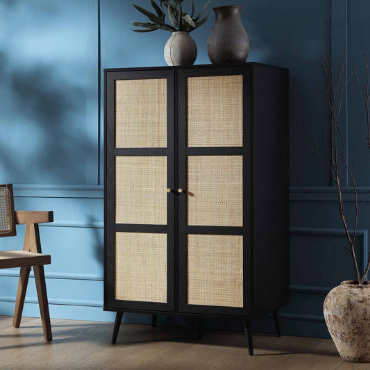 Armoire double compacte en rotin tressé Frances, noire