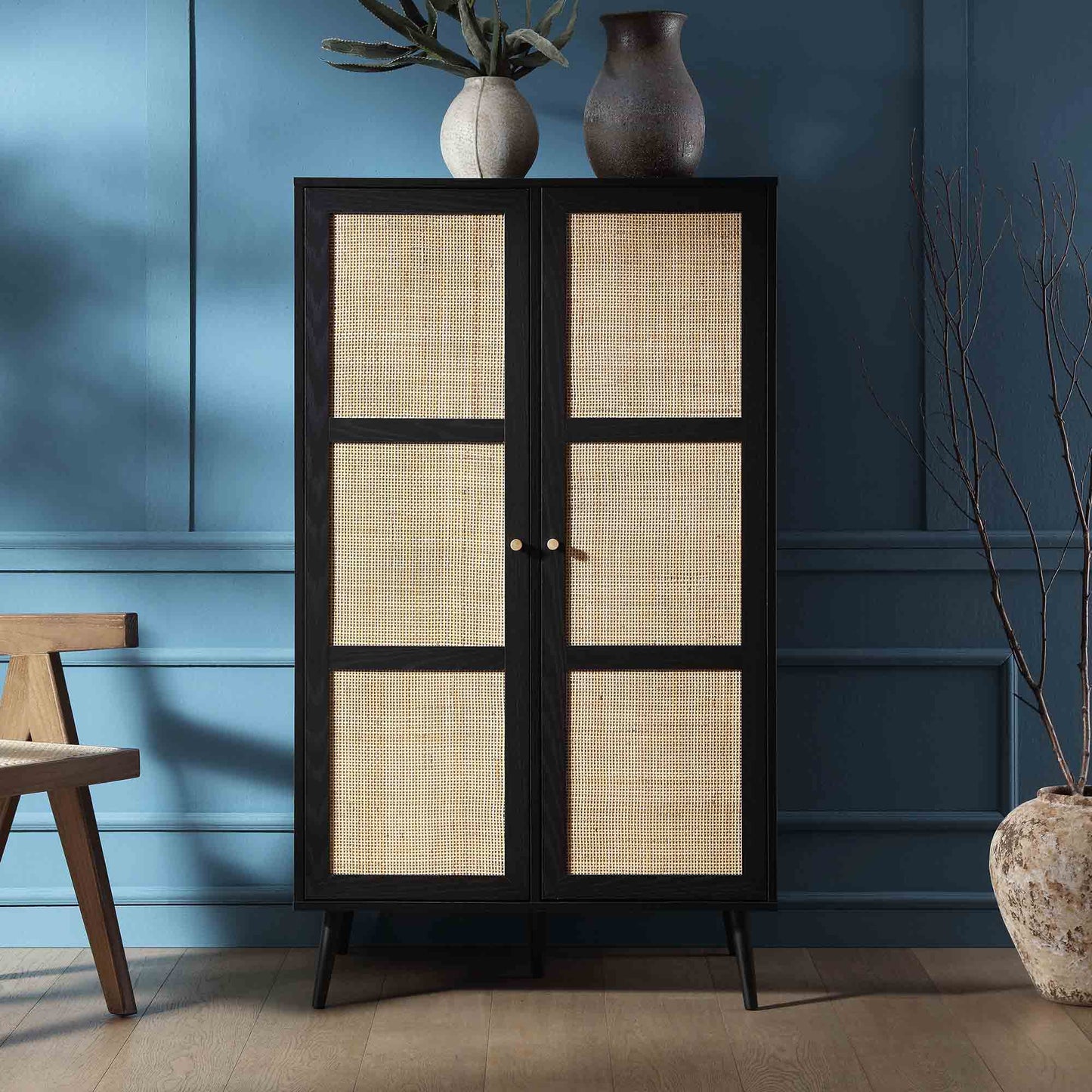Armoire double compacte en rotin tressé Frances, noire